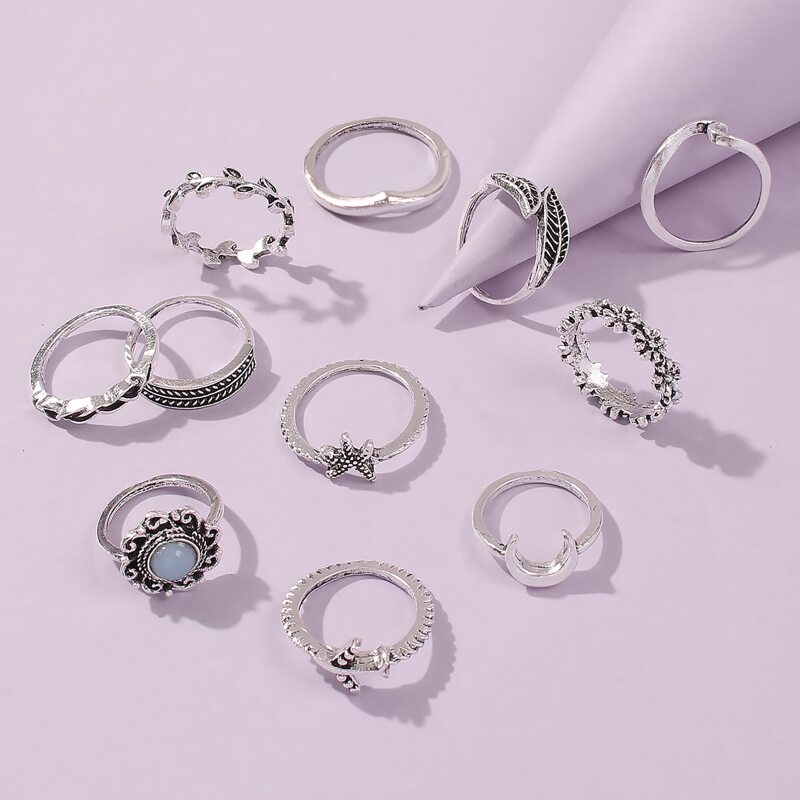 

11pcs Leaf Design Ring, Silver