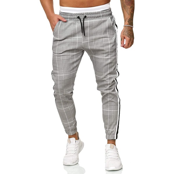 

Men Striped Tape Side Glen Plaid Drawstring Pants, Light grey