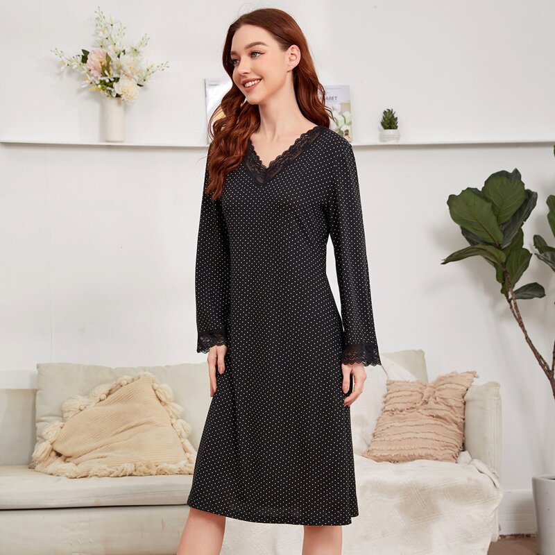 

V-neck Lace Panel Polka Dot Night Dress, Black