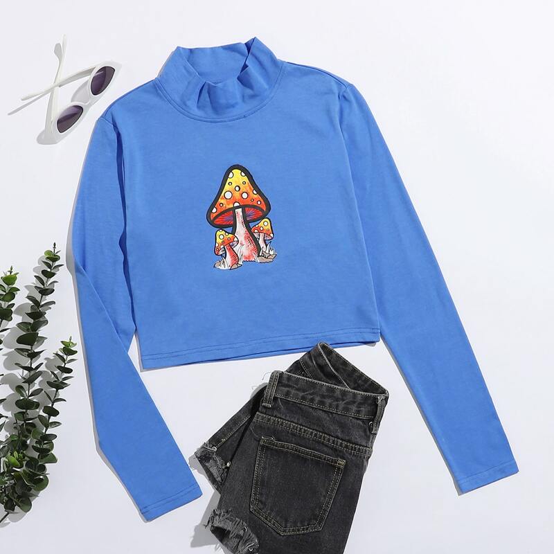

Mushroom Graphic Mock Neck Tee, Blue