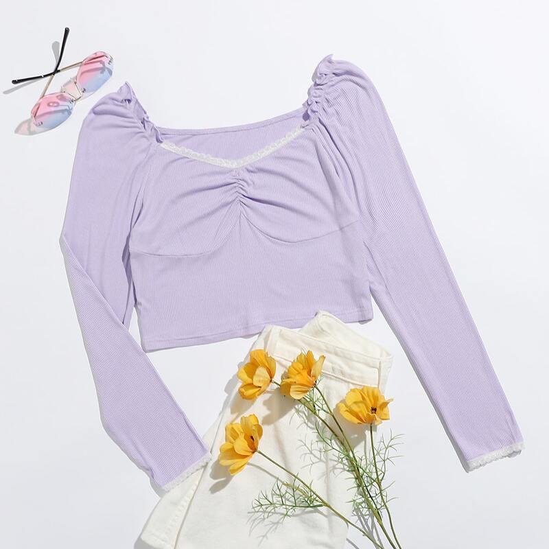 Lace Trim Ruched Bustier Tee, Lilac purple