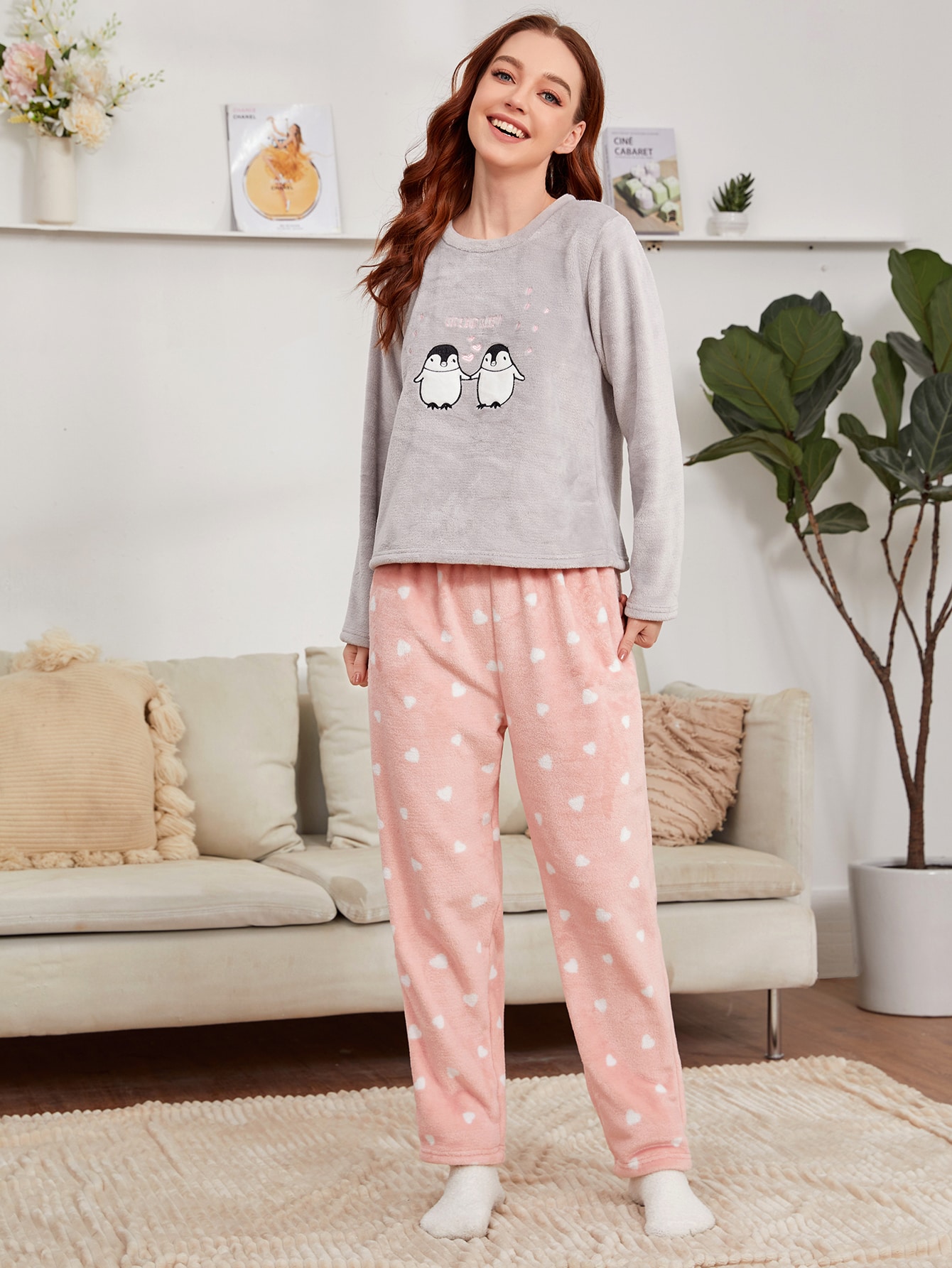 Cartoon And Heart Embroidery Flannel Pajama Set thumbnail