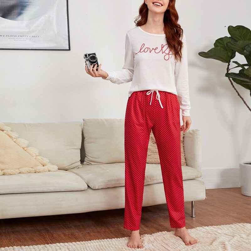 

Letter And Polka Dot Print Pajama Set, Red and white