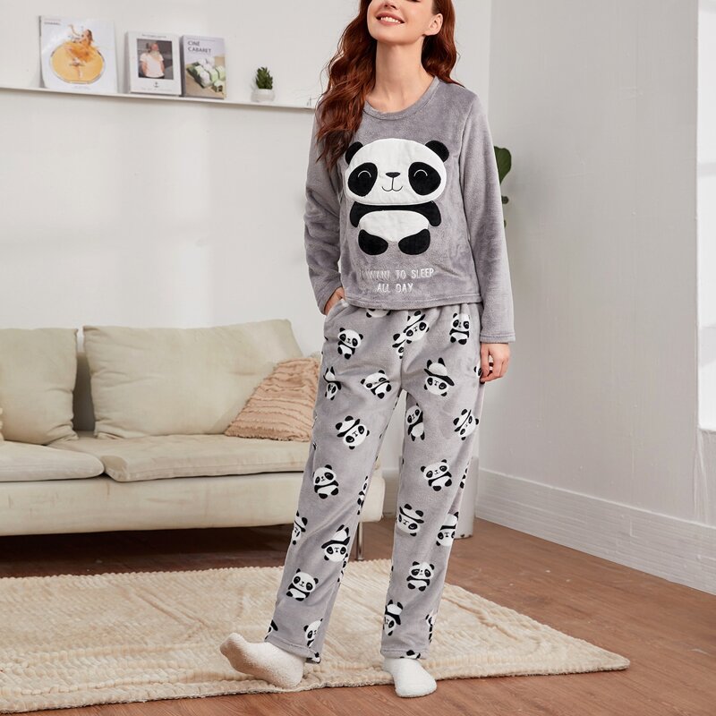 

Panda & Slogan Embroidery Plush PJ Set, Grey