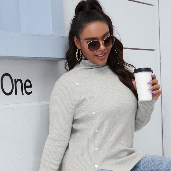 

Plus High Neck Slit Hem Solid Sweater, Light grey