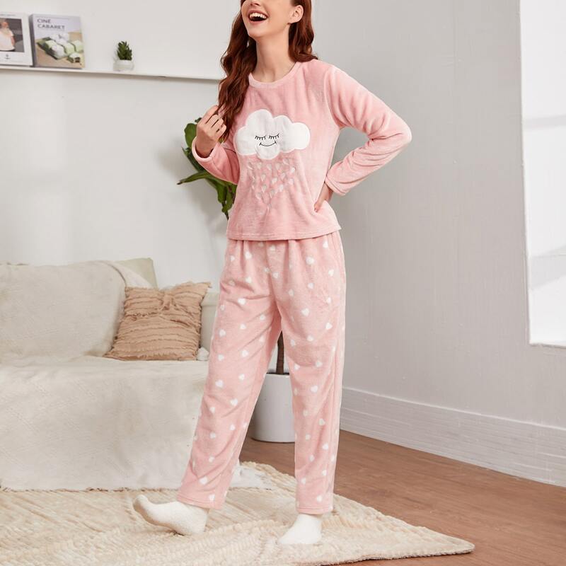 

Cartoon Patched Heart Print Plush PJ Set, Baby pink