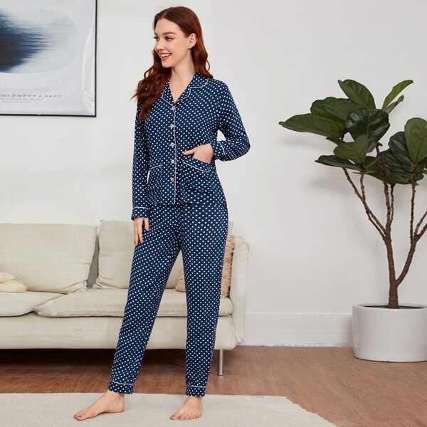 

Contrast Binding Polka Dot Dual Pocket PJ Set, Navy blue