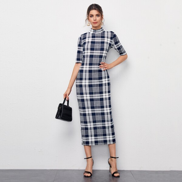 

Mock Neck Tartan Slit Hem Pencil Dress, Blue and white