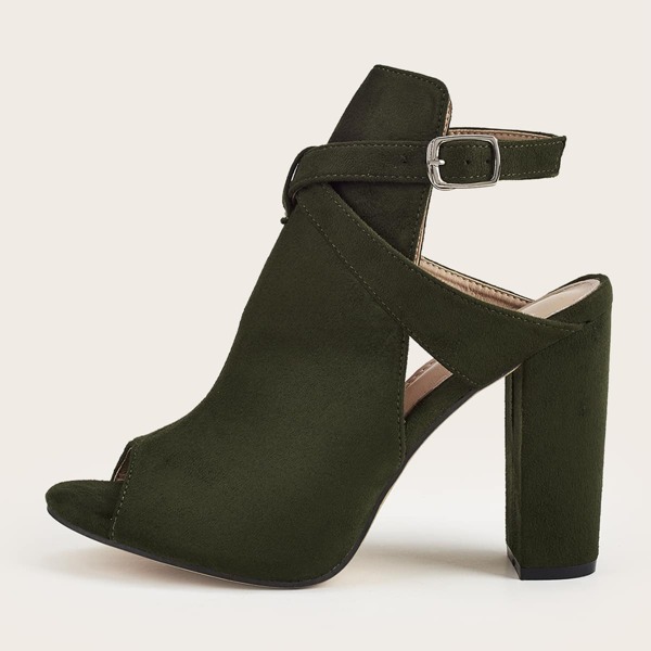 

Peep Toe Ankle Strap Chunky Heels, Dark green