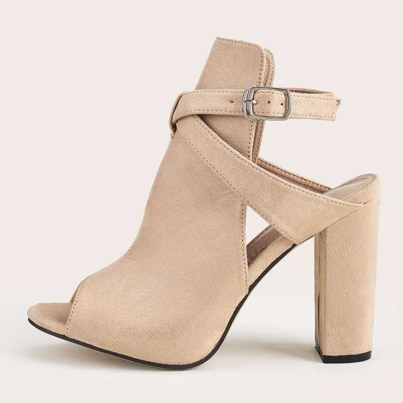 

Peep Toe Ankle Strap Chunky Heels, Apricot