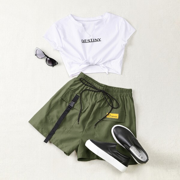 

Plus Letter Print Knot Hem Crop Tee & Ribbon Buckle Shorts, Multicolor