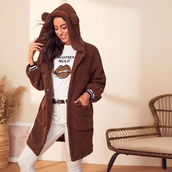 

3D Ear Design Hooded Teddy Coat, Coffee brown