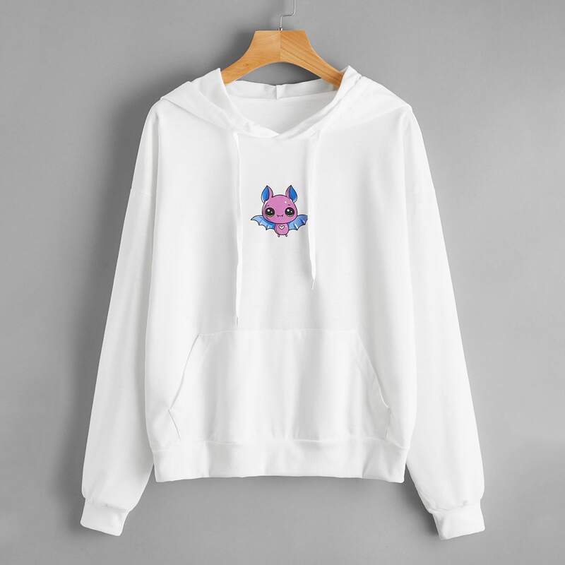 

Kangaroo Pocket Cartoon Graphic Hoodie, White