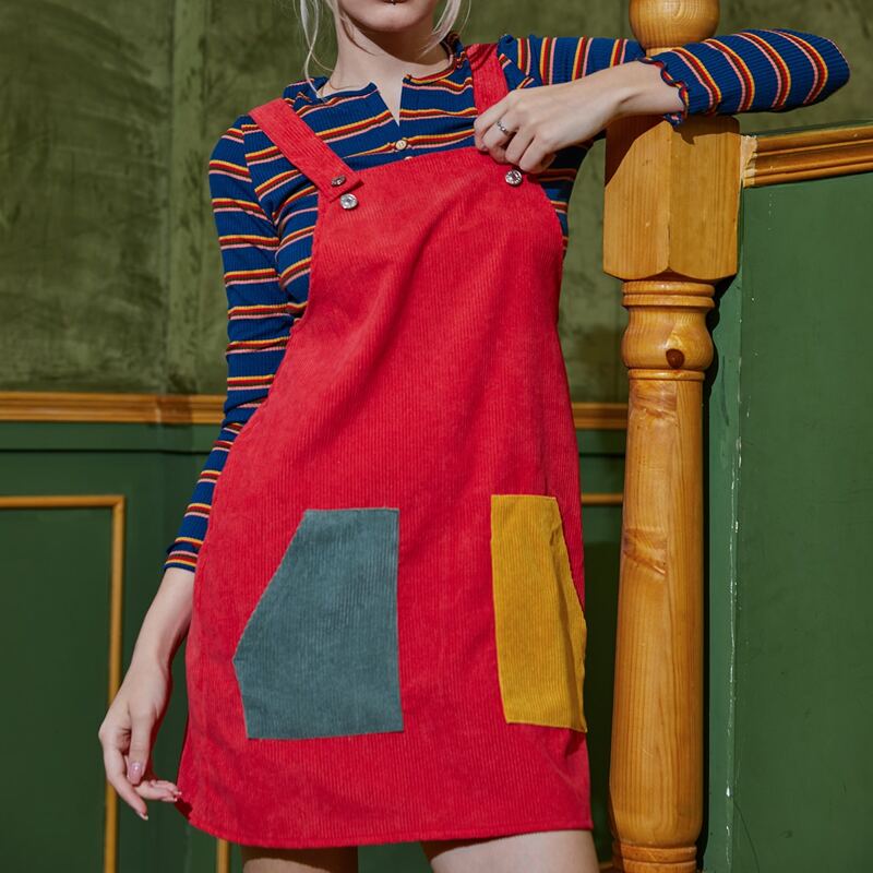 

Colorblock Pocket Corduroy Overall Dress, Red