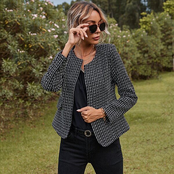 

Plaid Round Neck Open Front Tweed Jacket, Black and white