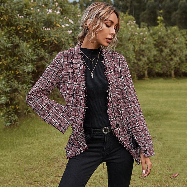 

Plaid Raw Trim Tweed Coat, Multicolor