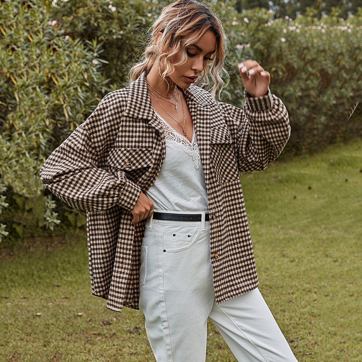 Image of Drop Shoulder Flap Pocket Gingham Overcoat