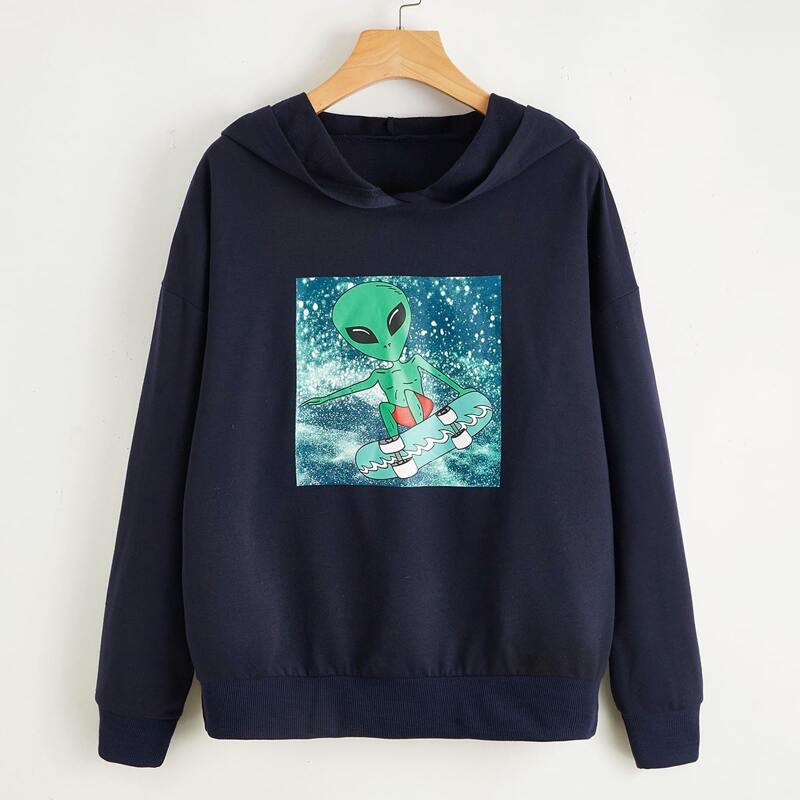 

Alien Print Drop Shoulder Hoodie, Navy blue