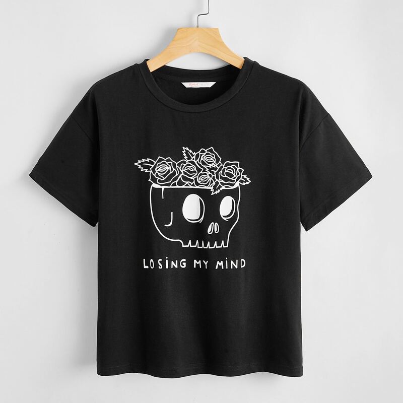 

Slogan Skull Graphic Tee, Black