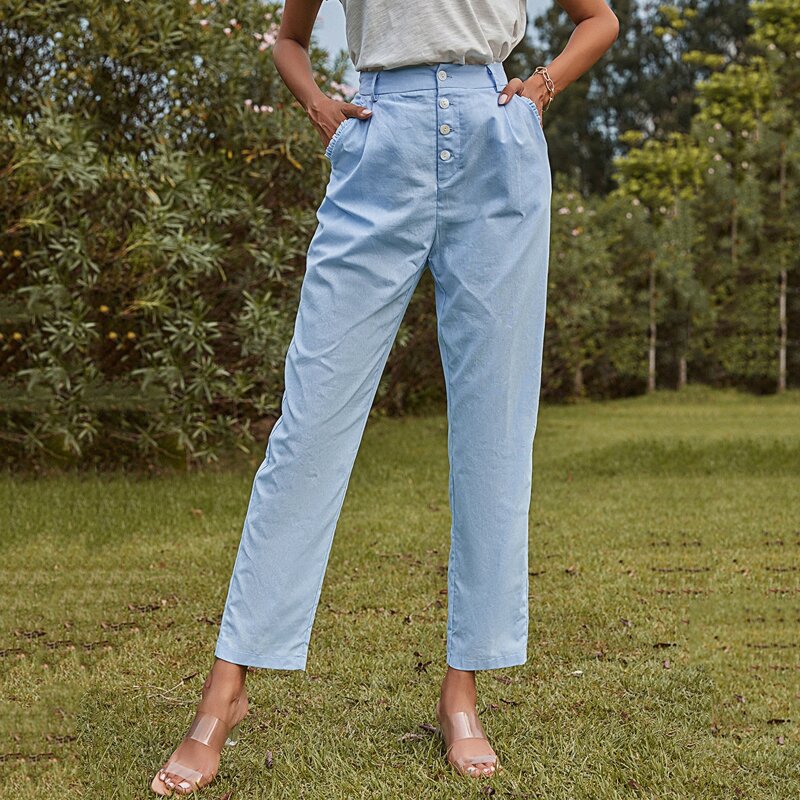 

Button Front Frill Slant Pocket Straight-leg Pants, Baby blue