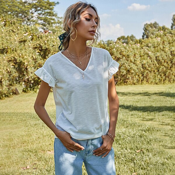 

Space Dye Flounce Sleeve Tee, Light grey