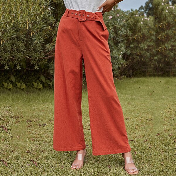 

Solid Belted Wide Leg Pants, Red