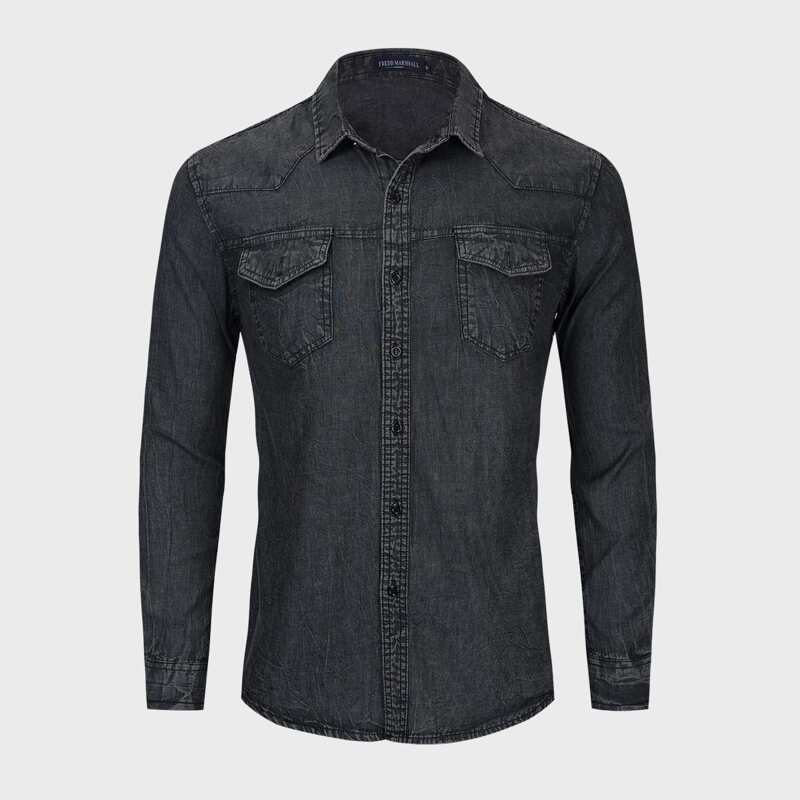 

Guys Flap Pockets Button Up Denim Shirt, Black