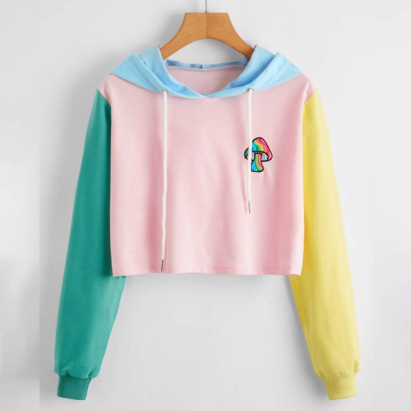 

Mushroom Embroidery Colorblock Crop Sweatshirt, Multicolor
