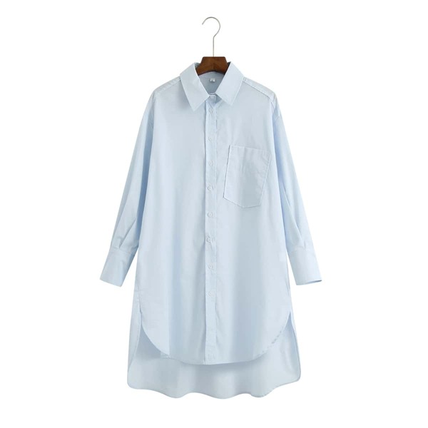 

Pocket Patched High Low Shirt Dress, Pastel baby blue