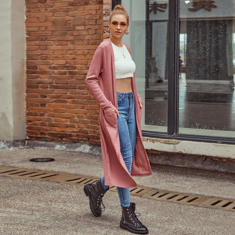 

Waffle Knit Dual Pocket Open Front Coat, Dusty pink