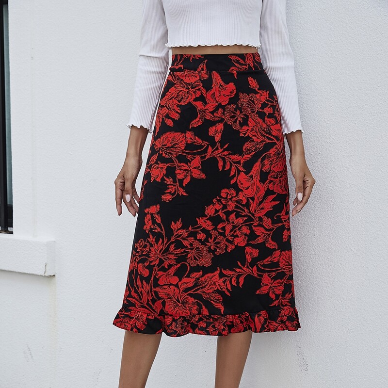 

Floral Print Ruffle Hem Skirt, Multicolor
