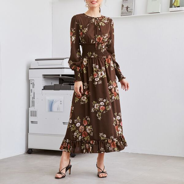 

Floral Tie Neck Shirred Frill A-line Dress, Chocolate brown