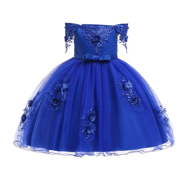 

Girls Contrast Lace Mesh Panel Bow Bardot Dress, Royal blue