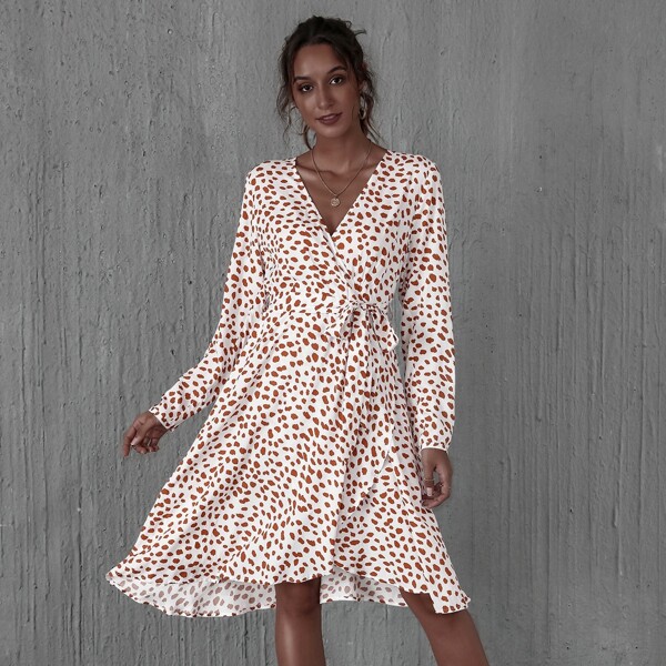 

Surplice Neck Belted Allover Print Dress, Multicolor