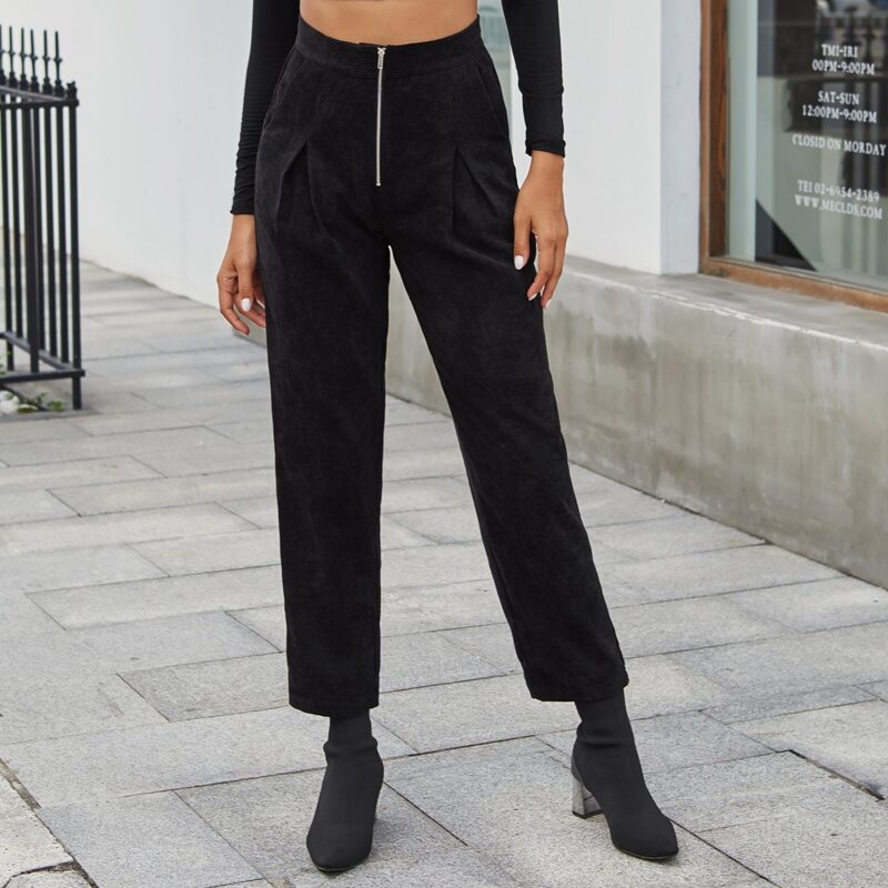 

Corduroy Zip Fly Solid Pants, Black