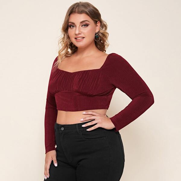 

Plus Sweetheart Neck Rib-knit Crop Top, Burgundy