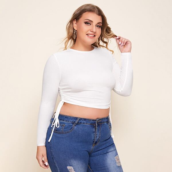 

Plus Drawstring Hem Crop Tee, Beige