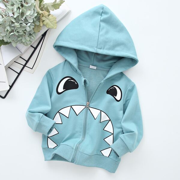 

Toddler Boys Cartoon Graphic Hooded Jacket, Mint blue
