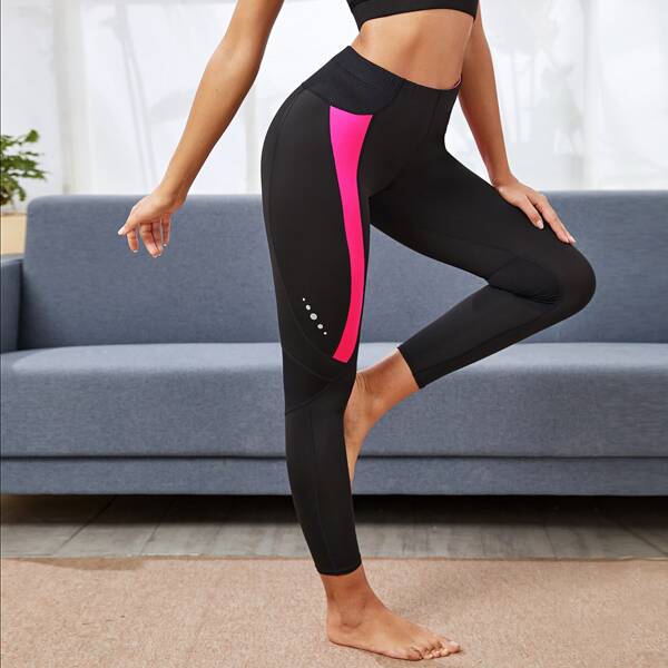 

Contrast Panel High Waist Sports Leggings, Black