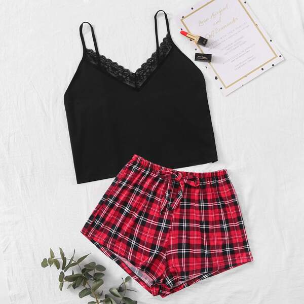

Contrast Lace Cami Top With Tartan Plaid Shorts PJ Set, Multicolor