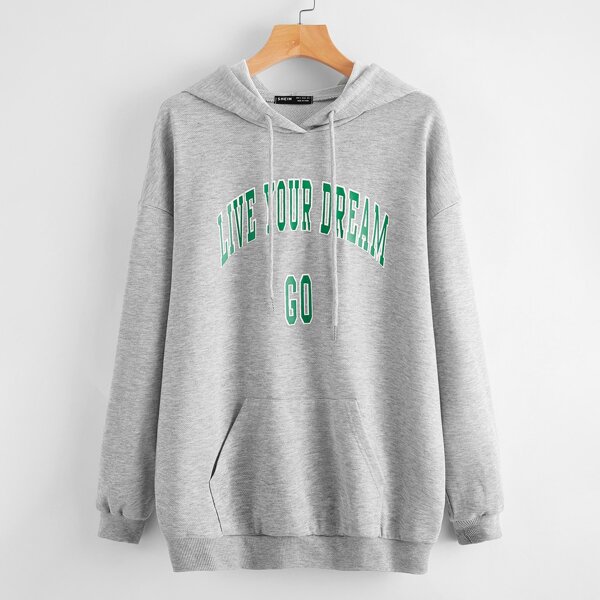 

Kangaroo Pocket Letter Graphic Drawstring Oversized Hoodie, Light grey