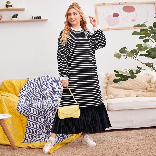 

Plus Striped Drop Shoulder Pleated Hem Dress, Multicolor