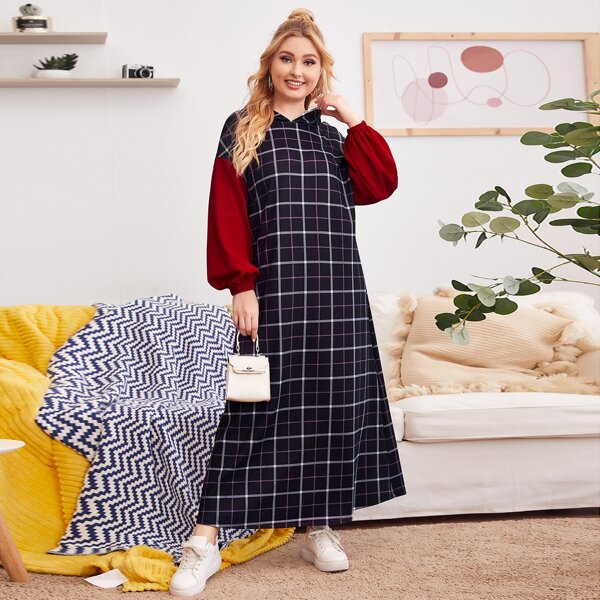 

Plus Plaid Bishop Sleeve Hooded Dress, Multicolor
