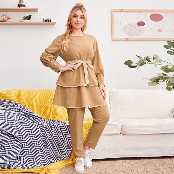 

Plus Belted Ruffle Hem Top & Pants Set, Khaki