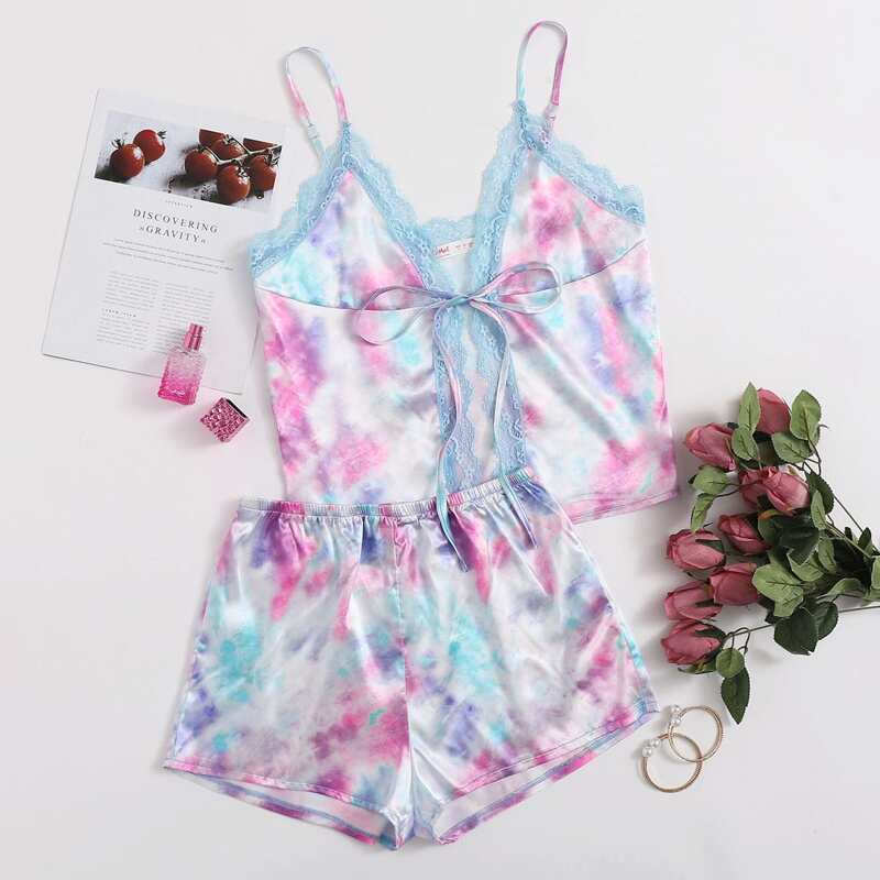 

Tie Dye Lace Trim Cami PJ Set, Multicolor