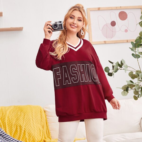 

Plus Letter Graphic Drop Shoulder Sweatshirt, Burgundy