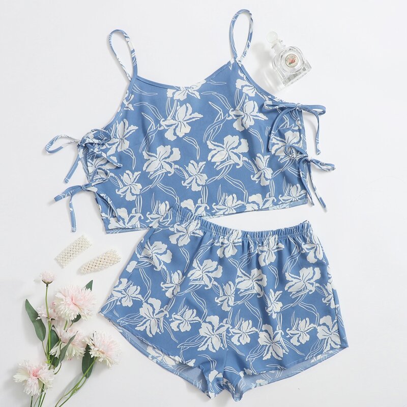 

Floral Tie Side Cami PJ Set, Baby blue