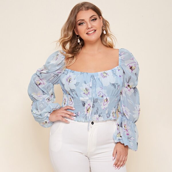 

Plus Floral Print Gathered Sleeve Knotted Front Top, Multicolor