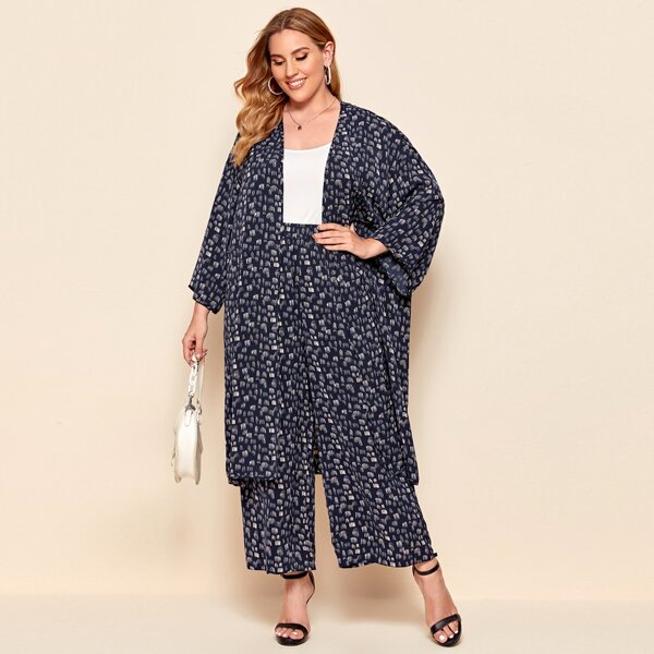 

Plus All Over Print Kimono & Wide Leg Pants Set, Navy blue