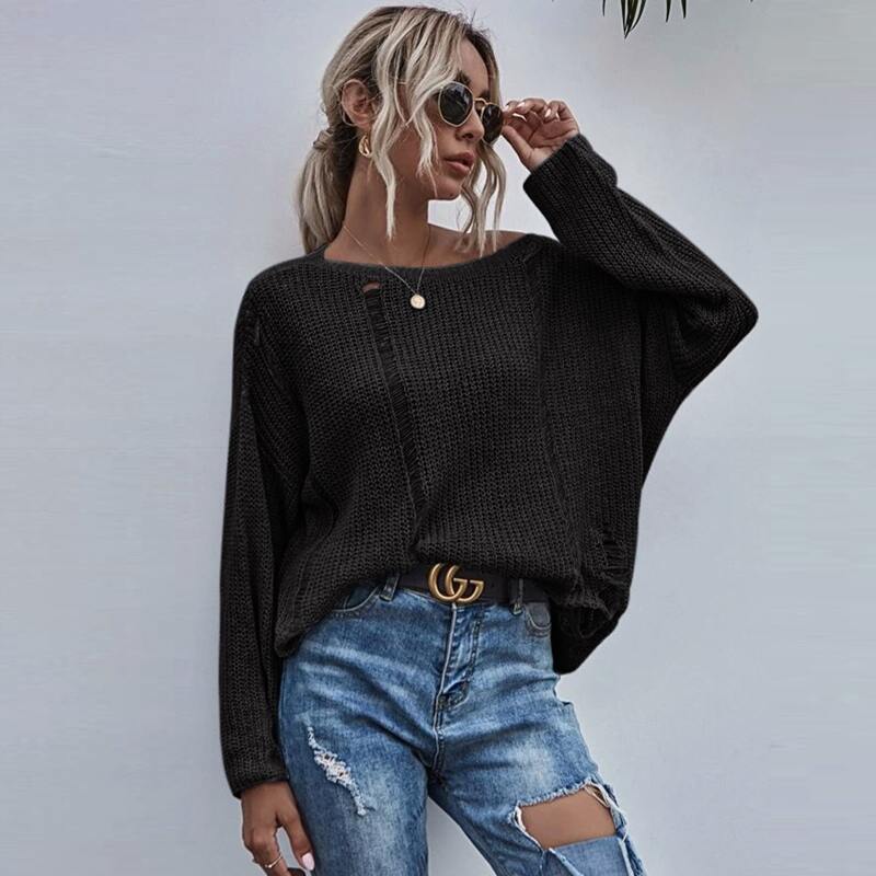 

Drop Shoulder Ripped Oversized Sweater, Black